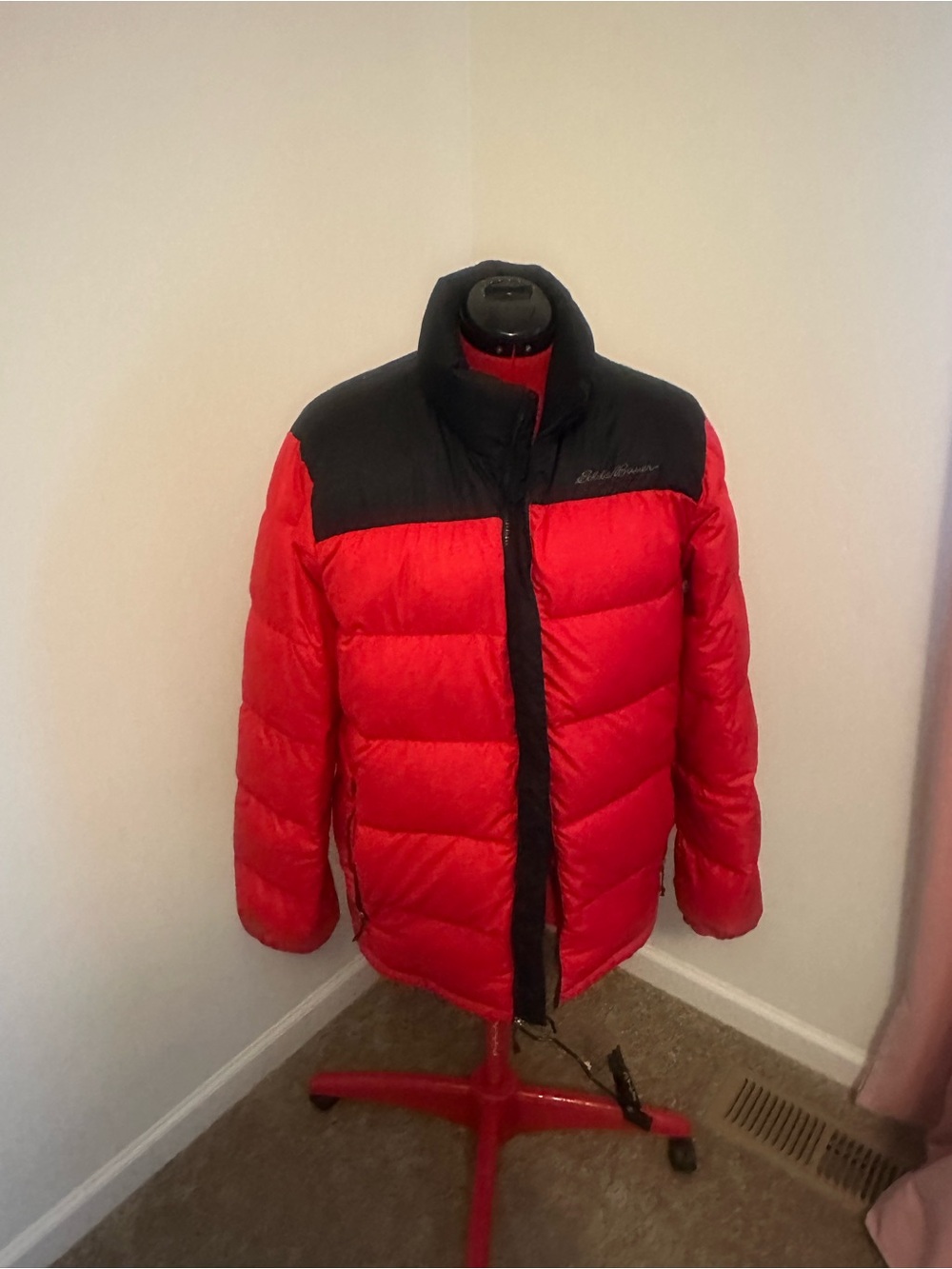 Eddie Bauer Red Puffer Jacket with Black Yoke